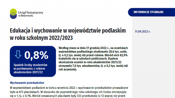 Pierwsza strona informacji sygnalnej pt. Edukacja i wychowanie w województwie podlaskim w roku szkolnym 2022/2023