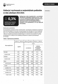 Pierwsza strona informacji sygnalnej pt. Edukacja i wychowanie w województwie podlaskim w roku szkolnym 2023/2024