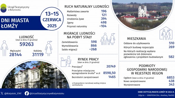 Infografika, która prezentuje podstawowe informacje dotyczące miasta Łomży w 2024 roku