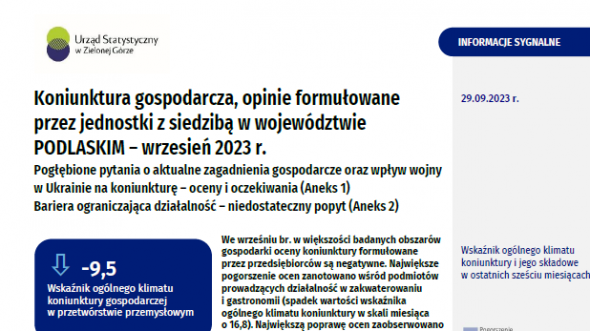 Pierwsza strona informacji sygnalnej pt. Koniunktura gospodarcza w województwie podlaskim we wrześniu 2023 r.