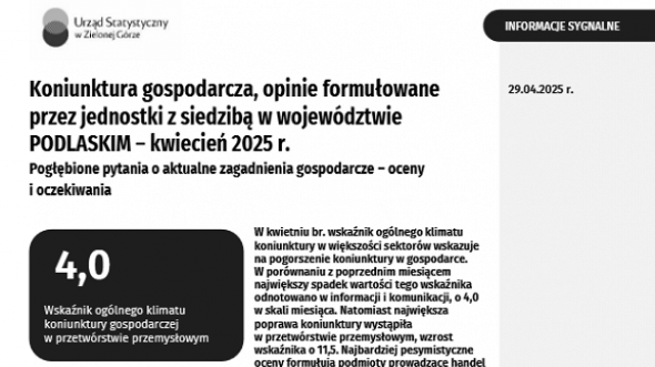 Pierwsza strona opracowania Koniunktura gospodarcza w województwie podlaskim w kwietniu 2025 roku