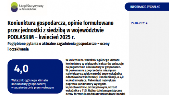 Pierwsza strona opracowania Koniunktura gospodarcza w województwie podlaskim w kwietniu 2025 roku