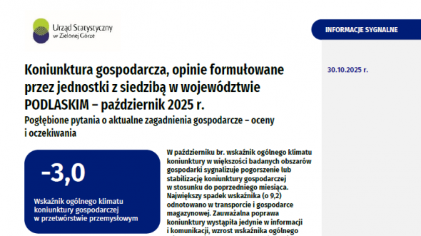 Pierwsza strona informacji sygnalnej pt. Koniunktura gospodarcza w województwie podlaskim w październiku 2025 r.
