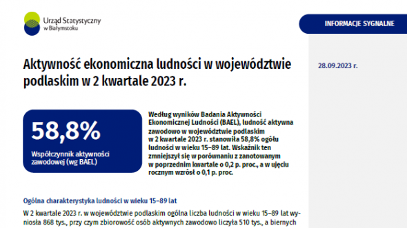 Pierwsza strona informacji sygnalnej pt. Aktywność ekonomiczna ludności w województwie podlaskim w 2 kwartale 2023 r.