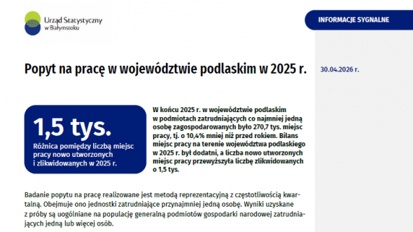 Pierwsza strona informacji sygnalnej pt. Popyt na pracę w 2025 r.