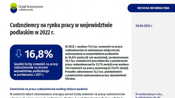 Notatka informacyjna - Cudzoziemcy na rynku pracy w województwie podlaskim w 2022 r.