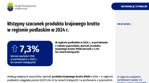 Pierwsza strona opracowania Wstępny szacunek produktu krajowego brutto w regionie podlaskim w 2024 roku