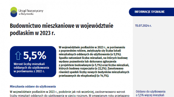Pierwsza strona informacji sygnalnej pt. Budownictwo mieszkaniowe w województwie podlaskim w 2023 r.