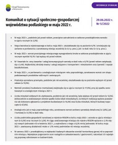 Pierwsza strona Komunikatu o sytuacji społeczno-gospodarczej województwa podlaskiego w maju 2022 r.