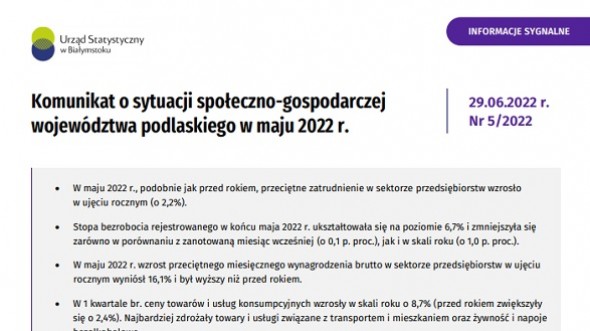 Komunikat o sytuacji społeczno-gospodarczej województwa podlaskiego w maju 2022 r.