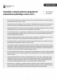 Pierwsza strona informacji sygnalnej pt. Komunikat o sytuacji społeczno-gospodarczej woj. podlaskiego w marcu 2023 r.