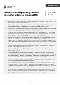 Pierwsza strona informacji sygnalnej pt. Komunikat o sytuacji społeczno-gospodarczej woj. podlaskiego w sierpniu 2023 r.