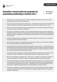 Pierwsza strona opracowania Komunikat o sytuacji społeczno-gospodarczej województwa podlaskiego w kwietniu 2024 r.