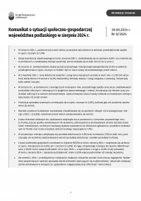 Pierwsza strona informacji sygnalnej pt. Komunikat o sytuacji społeczno-gospodarczej woj. podlaskiego w sierpniu 2024 r.