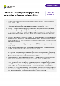 Pierwsza strona informacji sygnalnej pt. Komunikat o sytuacji społeczno-gospodarczej woj. podlaskiego w sierpniu 2024 r.