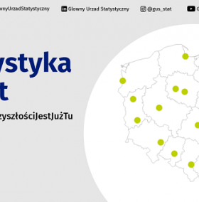 Grafika z napisem statystyka miast oraz mapą Polski z zaznaczonymi konturami województw