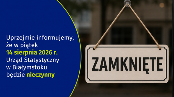Informacja: Uprzejmie informujemy że w piątek 14 sierpnia 2026 roku Urząd Statystyczny w Białymstoku będzie nieczynny