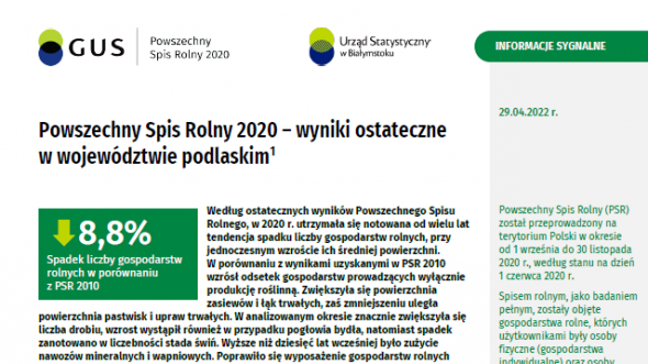 Pierwsza strona informacji sygnalnej pt. Powszechny Spis Rolny 2020 - wyniki ostateczne w województwie podlaskim